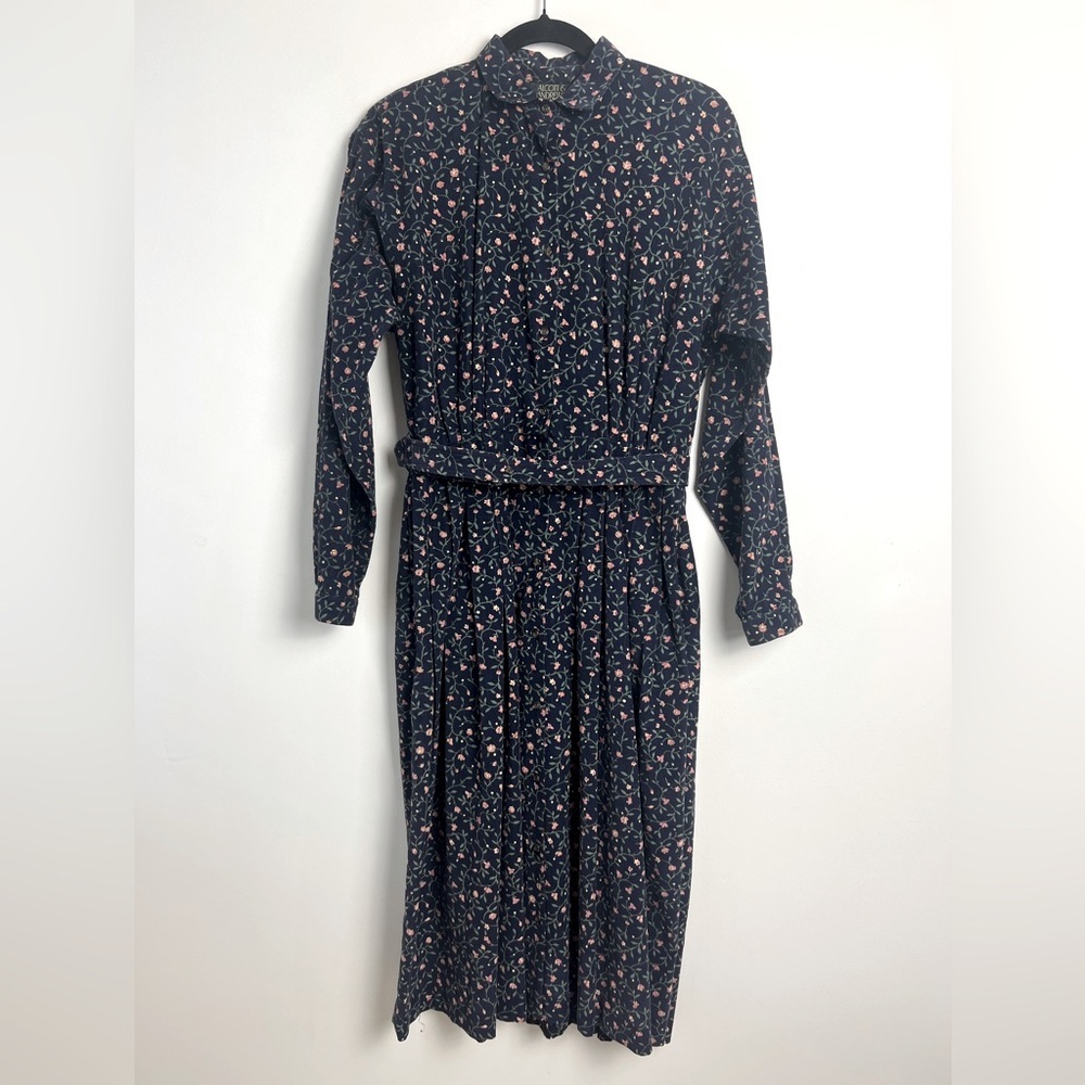 Vintage Alcott & Andrews Sz 8 Blue Pink Ditsy Floral Corduroy Pleated‎ Dress